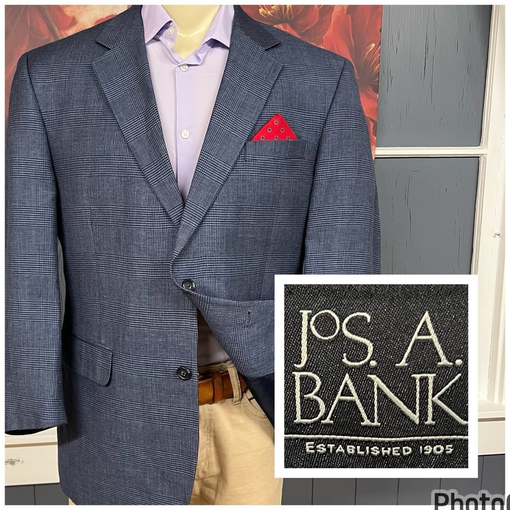 Jos‎ A Bank 👉Altered👈 Wool Linen Blazer Mens 43R Navy Plaid